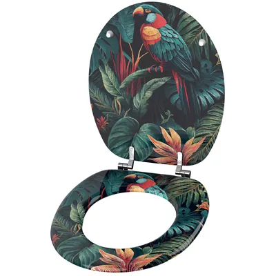 A toilet seat and lid with a tropical parrot and foliage design, shown open.