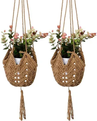 Image de Ibenzoa® Lot de 2 suspensions macramé bohèmes pour plantes – tissées à la main en corde de coton et en fil de jute, comprenant 2 crochets, environ 96 cm, pour intérieur et extérieur