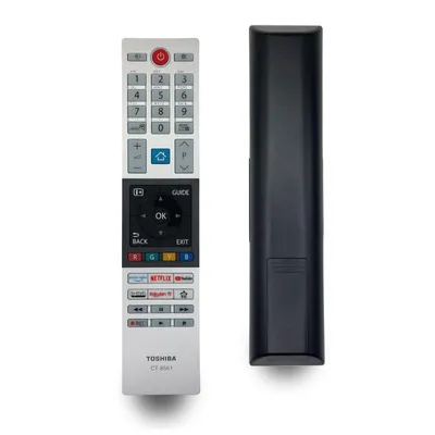 A remote control and its back are shown against a white background.
