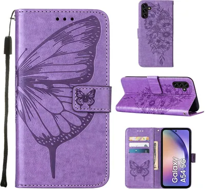 Produktbild von Lederhülle für Samsung Galaxy A54 Schmetterling Prägung Flip Ledertasche Kartenfächer Handyhülle mit Ständer Violett