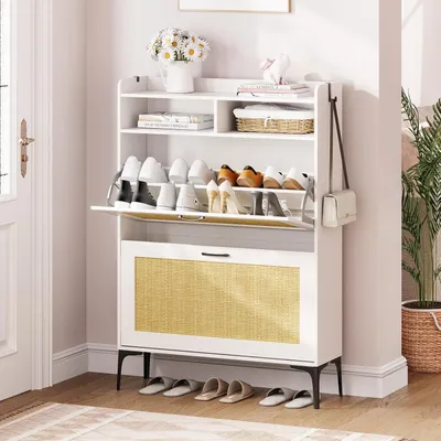 Produktbild von Dripex Schuhschrank mit Rattan-Dekoration, mit 2 klappbaren Schubladen, und Metallfüßen für Eingang, Flur, Wohnzimmer (Rattan Weiß, 80 cm)