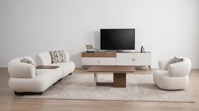 Zdjęcie produktu dla Komplet wypoczynkowy w nowoczesnym stylu, kolor beżowy, wygodna sofa i fotel, zestaw tapicerowany, idealny do salonu