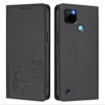 Produktbild von Lederhülle für Realme C21Y, Schmetterling Prägung Leder Brieftasche Schutzhülle mit Ständer Schwarz