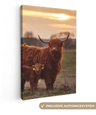 Produktbild von MuchoWow® - Leinwandbilder - Schottische Highlander - Tiere - Landschaft - Sonnenuntergang - Kuh, Wandbild, Wanddeko Bilder Wohnzimmer, 20x30 cm