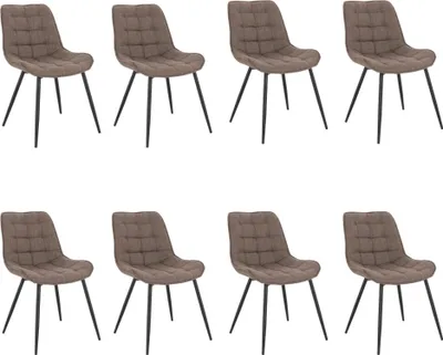A set of eight dining chairs arranged in two rows of four against a white background.
