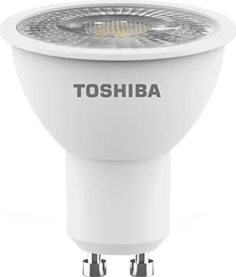 A single white LED spotlight bulb with a Toshiba logo on a white background.