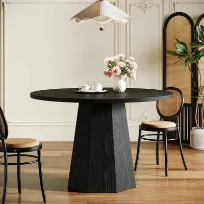 Obrázok produktu pre Kruhový jedálenský stôl 118 cm – kuchynský stôl pre 4 osoby – drevená doska – stabilná šikmá stredová noha – moderný minimalistický dizajn – čierny