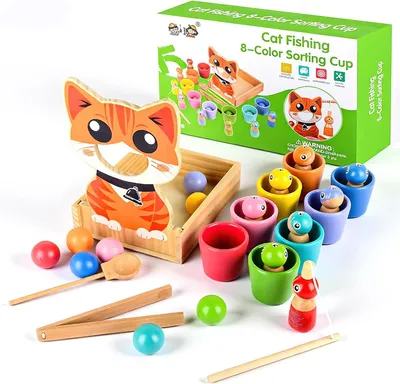 Produktbild von Montessori-Spielzeug ab 2 Jahren – Motorikspielzeug für Babys – Holz – Farben – Sortierspiele – Stapelspiele – Magnetisches Fischspiel – Spielzeug