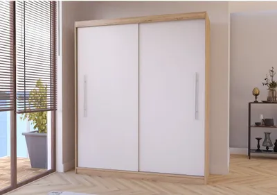 Produktbild von Schwebetürenschrank Kleiderschrank Schrank 204cm Sonoma/Weiß ohne Spiegel mit LED Beleuchtung Torino