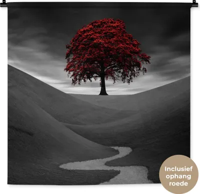 Produktbild von MuchoWow® Wandteppich Wandbehang Schwarz-Weiß-Foto mit einem roten Baum 90x90 cm Tapisserie Dekoration Wandtuch - Wandaufhänger