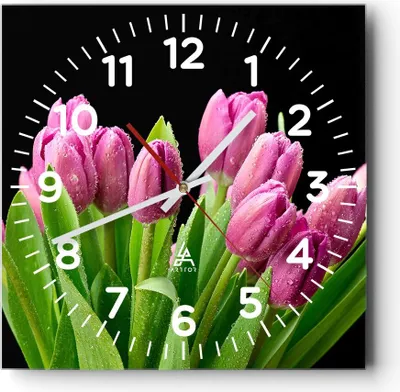 Produktbild von Wanduhr - Quadrat - Glasuhr - Tulpen Blumenstrauß Tau Tropfen - 40x40cm - Schleichendes Uhrwerk - Lautlos - zum Aufhängen bereit - Dekoration Modern - Wanddekoration aus Glas - C4AC40x40-2486