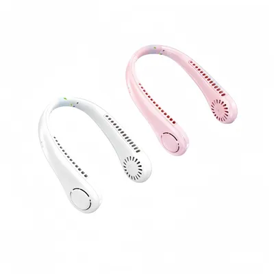Produktbild von 2 Stück Tragbarer Nackenventilator, Halsventilator, Flexibles Silikon, 360° biegbar, Blattloser Ventilator, 3 Geschwindigkeit, Geräuscharm, Weiß+Rosa