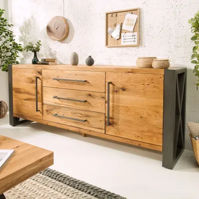 Obrázek produktu pro riess-ambiente příborník z masivního dřeva THOR 200cm přírodní divoký dub naolejovaná hrana stromu kovová černá komoda skříňka skříňka do obývacího pokoje skříňka