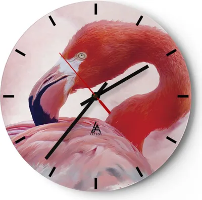 Produktbild von Wanduhr - Rund - Glasuhr - Flamingo Vogel Porträt - 40x40cm - Schleichendes Uhrwerk - Lautlos - zum Aufhängen bereit - Dekoration Modern - Wanddekoration aus Glas - C3AR40x40-4984
