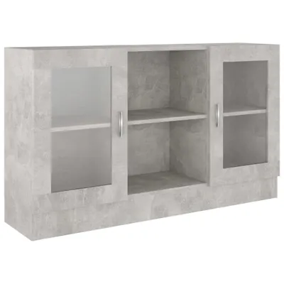 A gray wooden cabinet with glass doors and shelves.