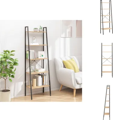 A ladder shelf filled with books and decorative items is placed next to a sofa in a living room.