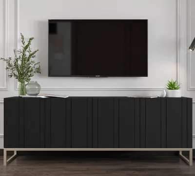Obrázok produktu pre TV skrinka Glamour TV skrinka Elpis so štyrmi dvierkami Moderné Nábytok Lindner 150cm x 51,5cm x 36,5cm Farba: čierna matná Rám: rám: zlatý - kov