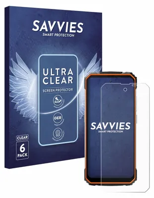 A product box and a screen protector for a phone are displayed.