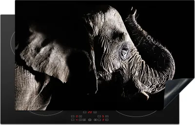 Produktbild von KitchenYeah© Herdabdeckplatte Elefant - Schwarz - Tiere - Natur , 85x52cm, Küche Deko, Glaskeramikkochfeld Herdabdeckung, Abdeckplatte fùr Kochfeld