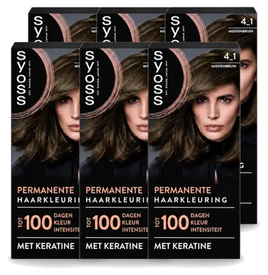 Imagen del producto de 6 tintes permanentes para el cabello SYOSS, tono 4-1 Castaño Medio con Keratina, pack de 6 unidades