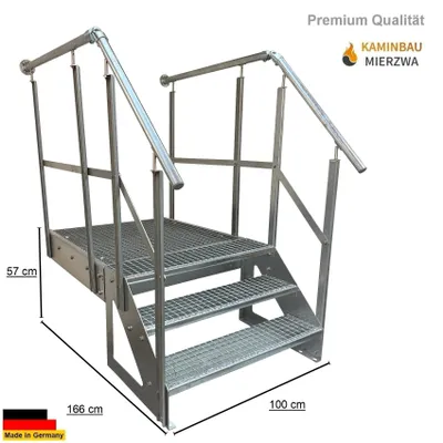A silver metal staircase with a platform and handrails, displayed against a white background.
