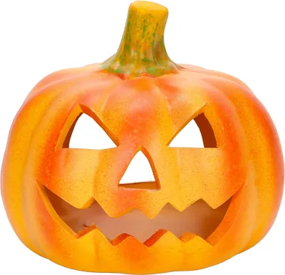 Produktbild von Windlicht-Kürbis für Halloween, Jack-O-Lantern Deko-Kürbis für Teelichter, Herbst-Dekoration für Innen und Außen mit Gruselgesicht aus Ton
