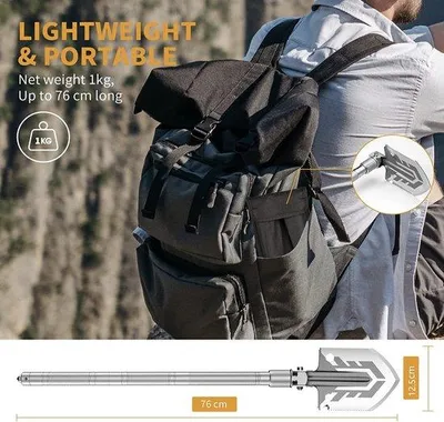 Obrázok produktu pre Skladacie rýle, 16 funkcií, 76 cm, hliník, skladacie, vhodné na kempovanie a turistiku