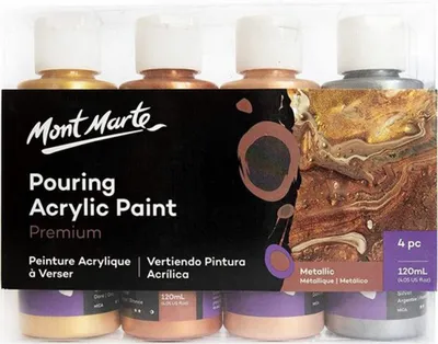 Produktbild von Mont Marte Bastelfarbe PREMIUM Pouring Acrylfarbe, Gieß-Acryl, je 4 x 120 ml, Farbe Metallic, Untereinander vermischbar & mit Medium vorgemischt
