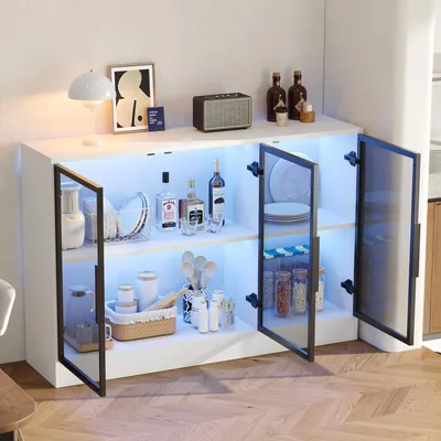 Produktbild von MODFU Glasvitrine 120×30×73 cm, Vitrinenschrank mit LED-Beleuchtung, grauen Glastüren und Soft-Close-Scharnieren, Ausstellungsschrank Highboard für Wohnzimmer Esszimmer, Weiß