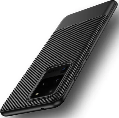 A black phone case with a carbon fiber texture is shown against a white background.