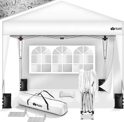 Produktbild von tillvex Pavillon 3x3m Weiß wasserdicht mit 2 Seitenteilen + 4er Set Sandsäcke | Pop-Up Faltpavillon stabil & höhenverstellbar | Gartenzelt UV Schutz 50+ | Partyzelt mit Tasche für Garten