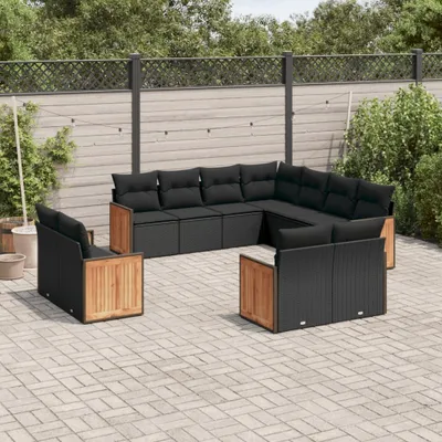 Produktbild von Design 11-tlg. Garten-Sofagarnitur mit Kissen Schwarz Poly Rattan, Gartenmöbel-Sets 2024 Neu