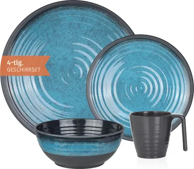 Produktbild von Camping Geschirr Set 1 Person 4-teilig | Melamin | Picknick Geschirrset | Campinggeschirr Stone Blue Design