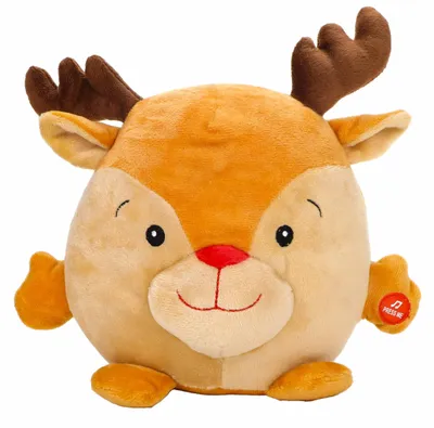 Produktbild von Rentier mit roter Nase und Geweih, lustige Plüschfigur, tanzt und ruft Weihnachtswünsche auf Sensor-Knopfdruck, Batteriebetrieb mit An-/Aus-Schalter