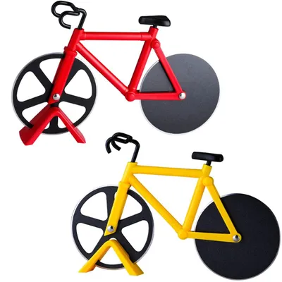 Fahrrad-Pizza-Schneider-Set, 2 Stück, Edelstahl, rot/gelb