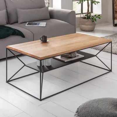 Produktbild von riess-ambiente Massivholz Couchtisch ARCHITECTURE 110cm Eiche geölt schwarzes Metallgestell mit Ablage Beistelltisch Tisch