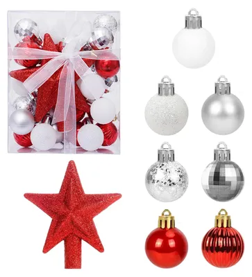 Productafbeelding van Kerstboomornamentenset - 30-delig, inclusief boomtop - Decoratie voor kerstbomen - Rood en wit