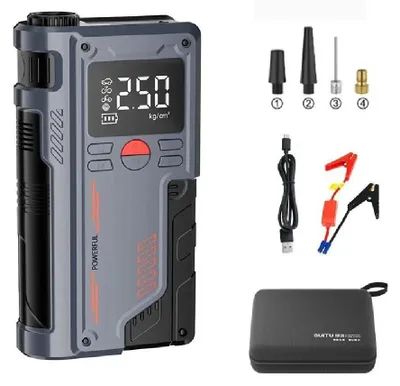 Zdjęcie produktu dla Urządzenie do rozruchu samochodu – urządzenie 4 w 1 z kompresorem powietrza – 150 PSI – 12 V – powerbank 8000–10000 mAh – pompka do opon – przenośne