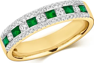 Image de Bague Femme Semi Pavée Or 375/1000 et Diamant Brillant 0.34 Carat HI - I1 avec Emeraude, 55 (17.5); TRS291369KYRSO