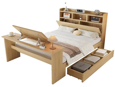 Produktbild von Kinderbett mit Stauraum und Klapptisch, mit Lattenrost, Regal, Schrank, Schubladen und Klapptisch, Holzbett, Stauraumbett, 140x200 cm