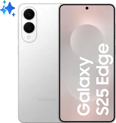 A white Samsung Galaxy S25 Edge smartphone is shown from the back and front, with a marketing graphic on the screen.