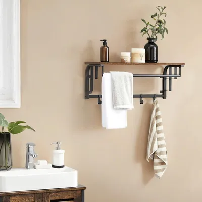 Image de Porte-manteau mural avec étagère – Porte-manteau mural avec crochets et barre – 66 x 27 x 30 cm