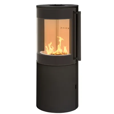 A black modern stove with a glass door showing flames.