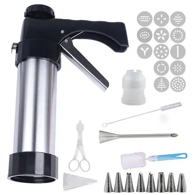 Produktbild von Konditormaschine aus Edelstahl, mit 13 Schablonen und 9 Düsen, für Teigdruck, tragbar, ideal für DIY-Kekse und Kuchen, Backzubehör