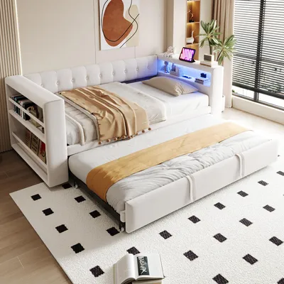 Image de Canapé-lit Fliek 90 x 190 cm/180 x 190 cm avec prise électrique, lit rembourré simple avec cuir et lit gigogne, lit de jour avec étagère, flanelle, beige