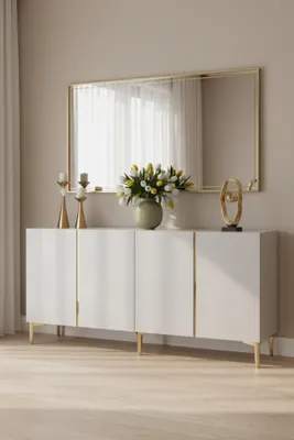 Produktbild von Skye Decor, Hochwertiger Konsolentisch, Weiß & Gold, 150 cm | 100% Melamin | 3-teilig