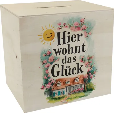 Produktbild von Hier wohnt Glück Spardose aus Holz Aquarell Dekoration