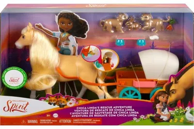 Image de Coffret spirit : jument chica linda et sa petite carriole - cheval 20 cm + lapin + accessoires - mattel