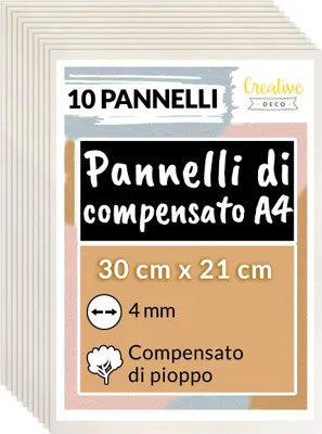 Immagine prodotto di Creative Deco 10 x A4 Pannelli in Legno Compensato | 4mm / 21x30cm | Legno di Pioppo | Perfette per la Decorazione, Pittura, Pirografia | Taglio Laser