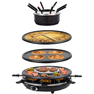 A multi-functional cooking appliance with various cooking surfaces and accessories.